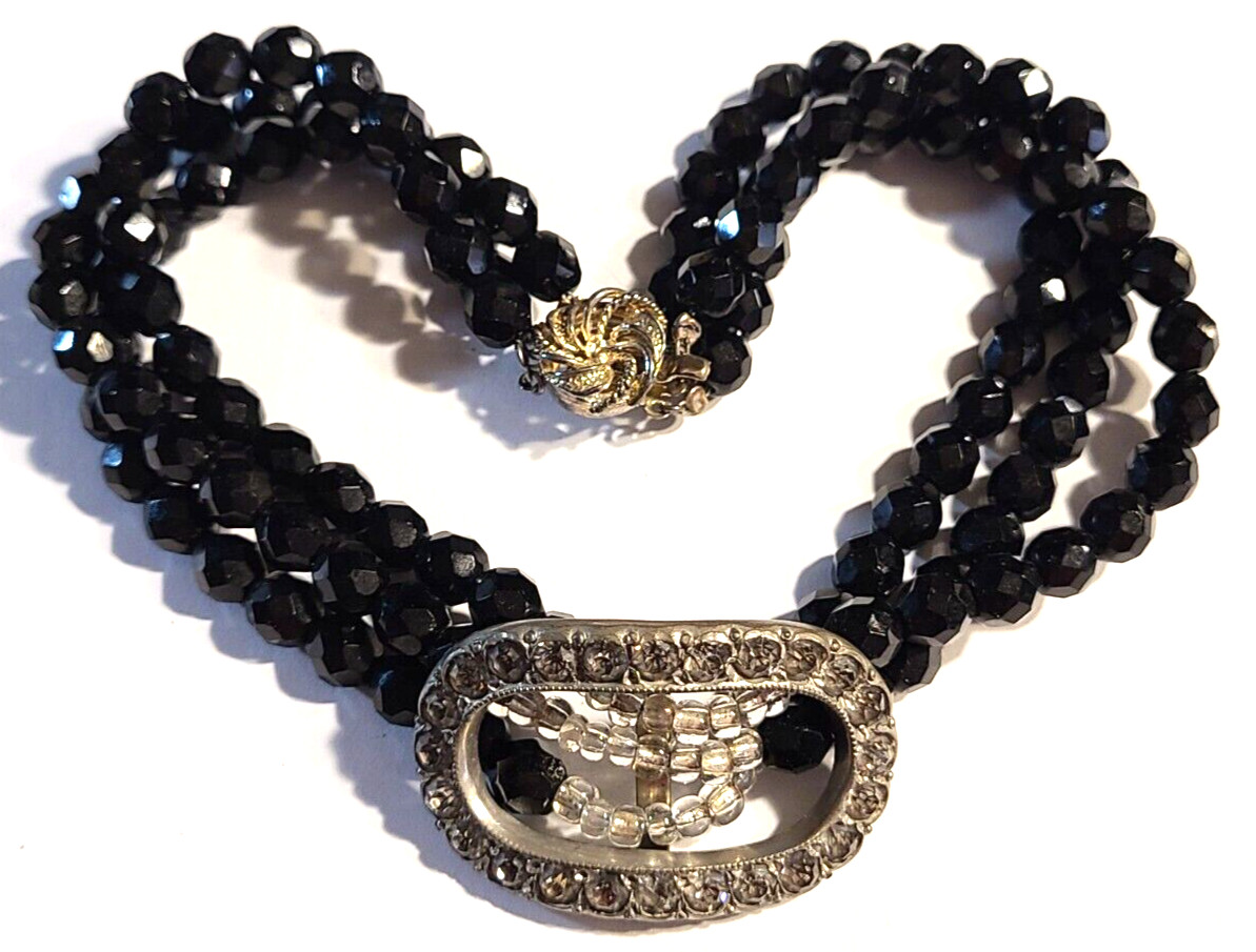 VINTAGE STUNNING 3 STRAND BLACK FACETED GLASS SIGNED SILVERITE NECKLACE