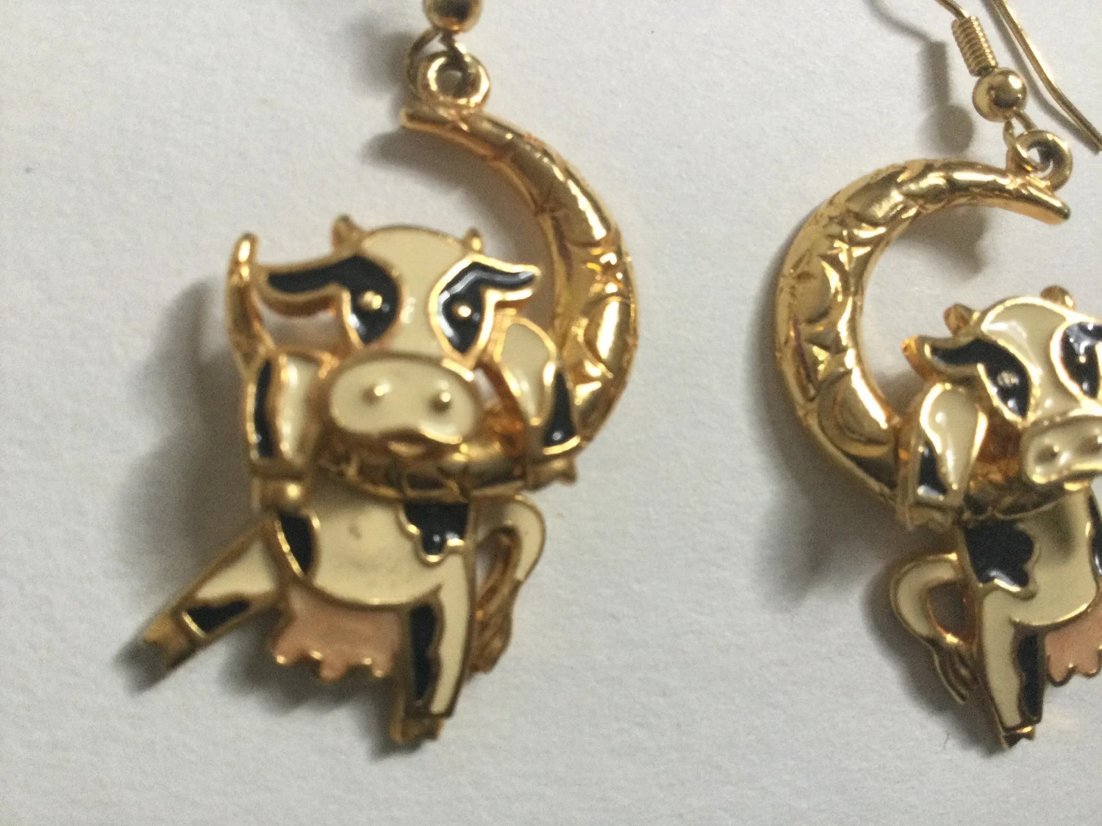 Vintage Cow Earrings Articulated Berebi Jump Over the Moon Enamel Pierced Dangle
