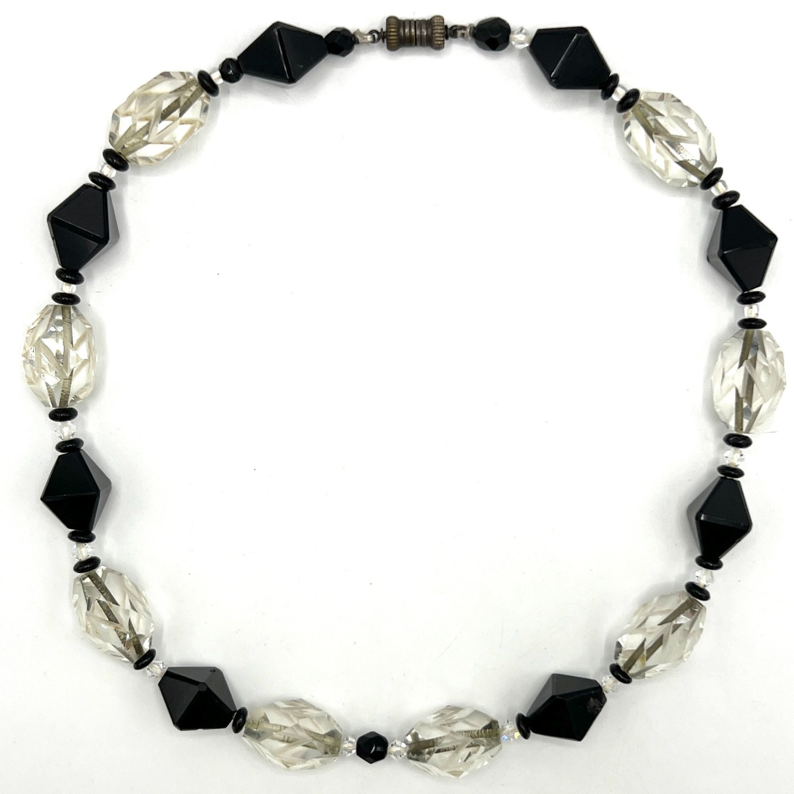 1920s Black & Clear Beveled Glass Bead Necklace Vintage Beads Later Assembled