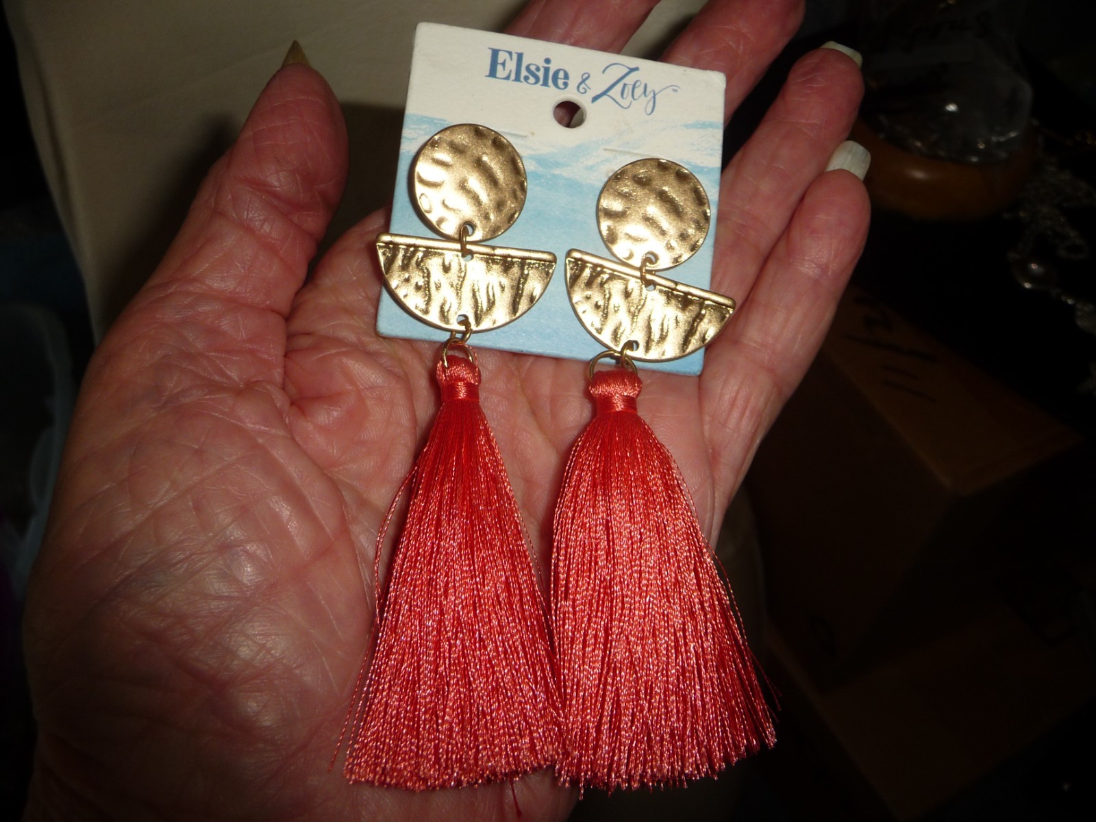 3 3/4”L DANGLE MCM GOLD TONE W LONG ORANGE THREAD TASSEL PIERCED EARRINGS #8/19