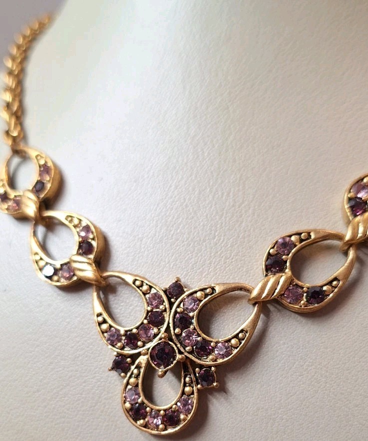 VTG Rosegold CopperTone Link Chain Necklace Princess Purple Lavender Crystals