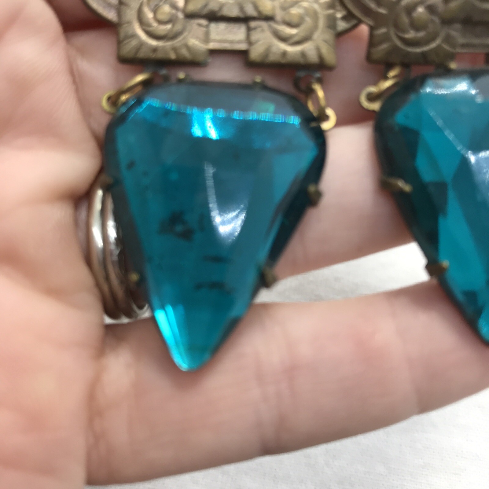 Vintage Glass Works Studio Teal Color Glass & Brass tone Pierced Earrings