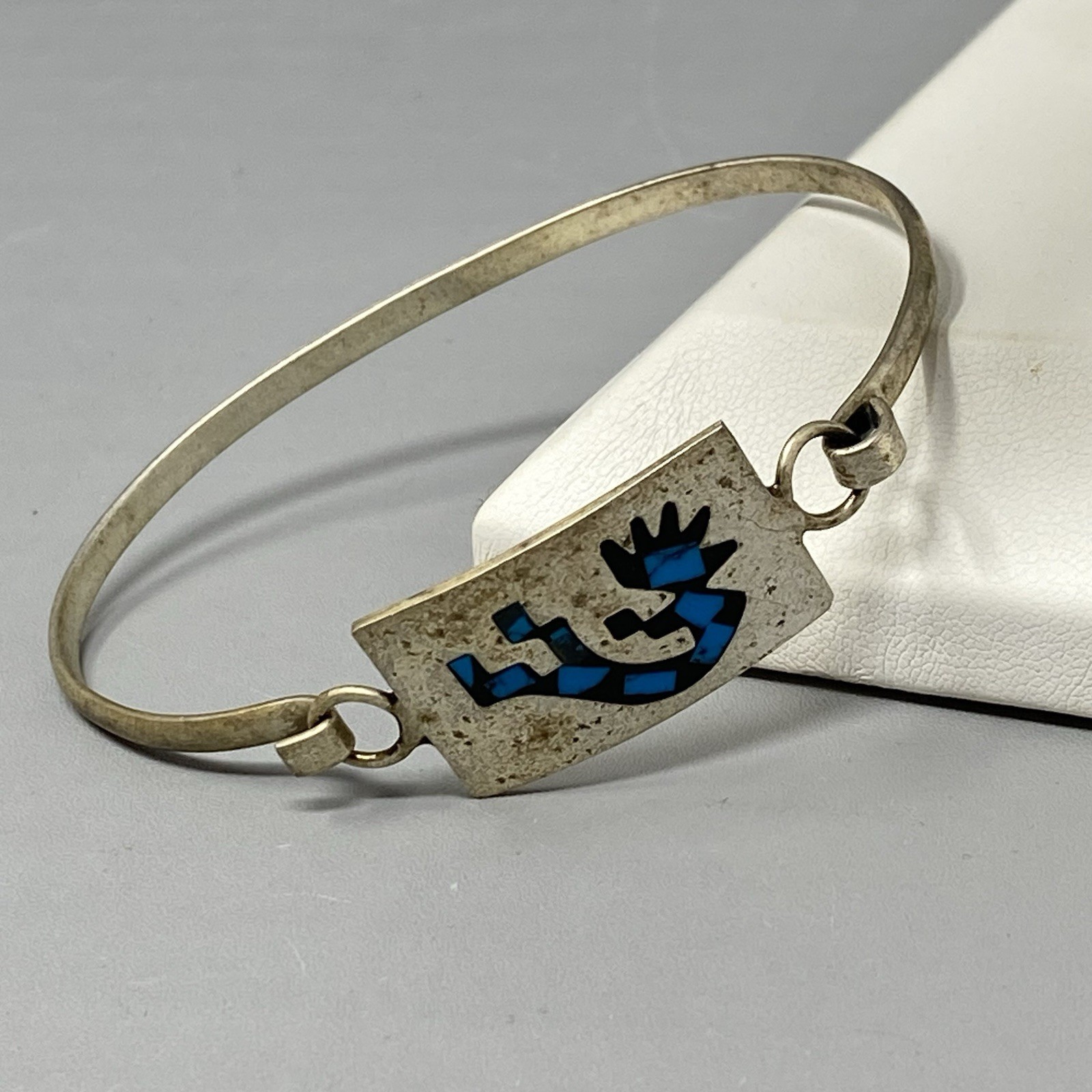 Vintage Turquoise Inlay Kokopelli Bangle Mexico Silver Unsigned Hook Clasp 7.25″