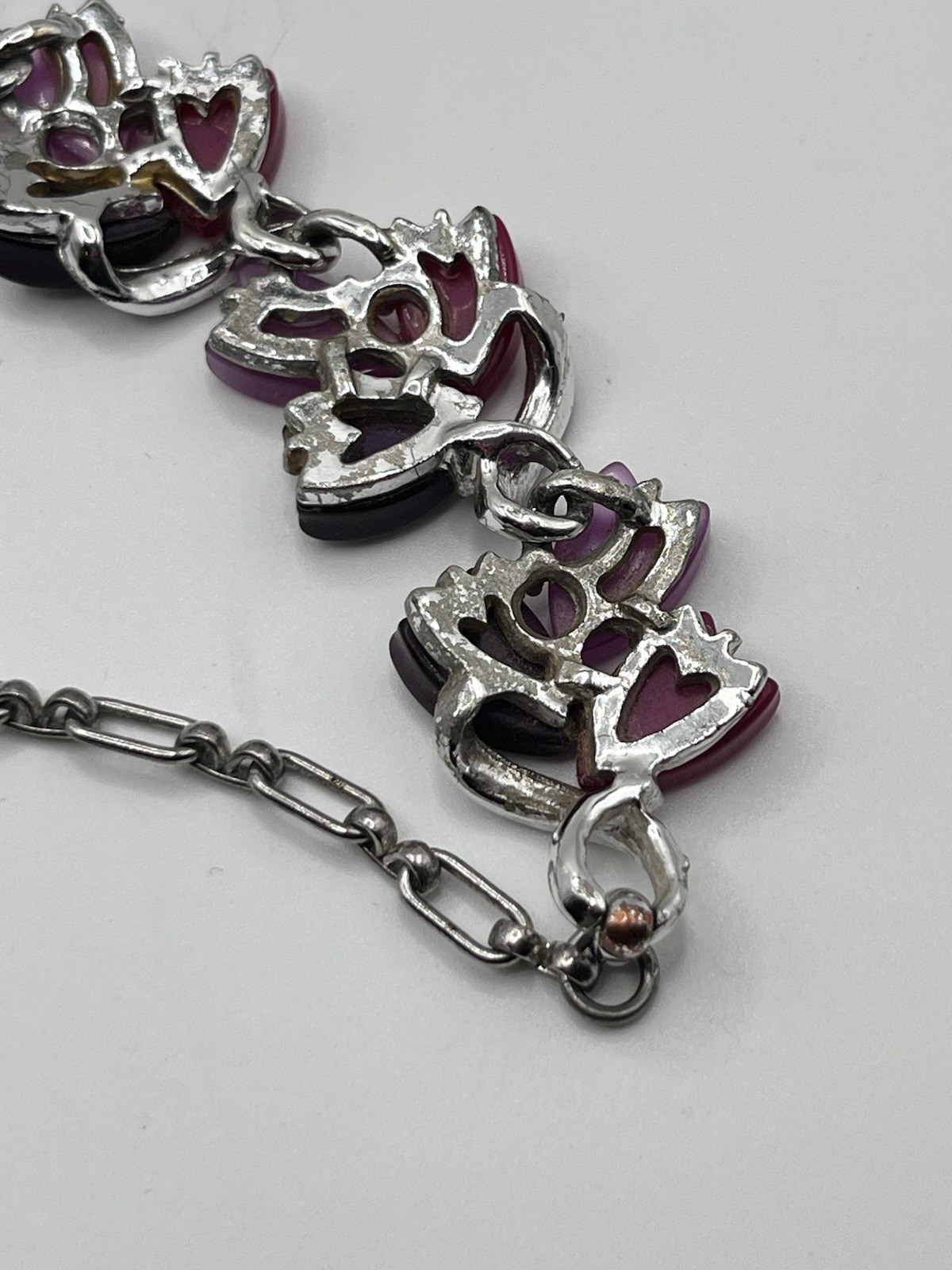 Vintage Purple Pink Fuscia Thermoset Choker Necklace Silver Tone Dainty 14-15”
