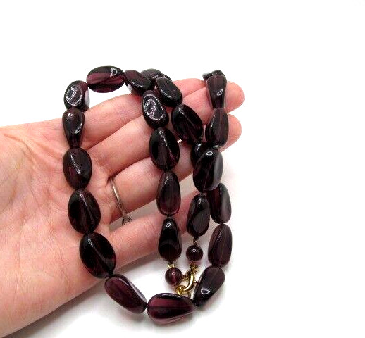 Vintage Heavy Deep Purple Glass Barrel 13mm Semi Transparent Necklace 23.5 In