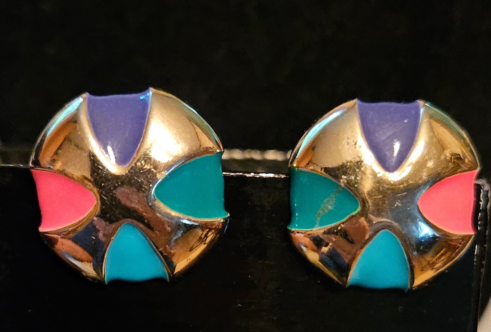Vintage Gay Boyer Multi Color Enamel Gold Tone Clip On Earrings