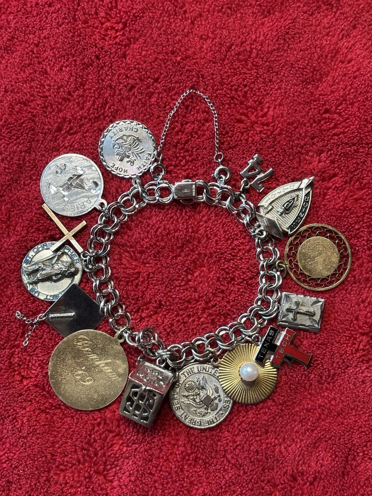 Vintage.925 Sterling Silver Double Rolo Link Charm Bracelet 14 Charms 48.8 Grams