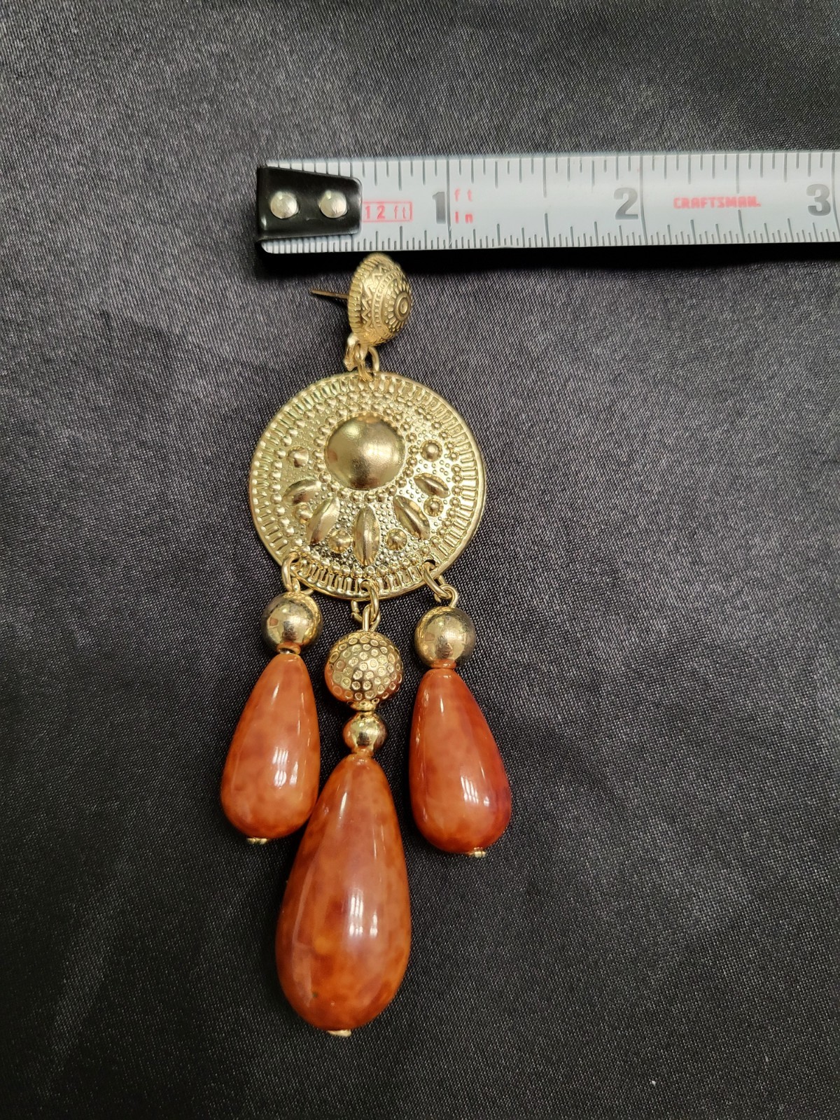 Vintage Gold Tone Coin Chandelier Earrings Orange Faux Amber Resin Drop Boho