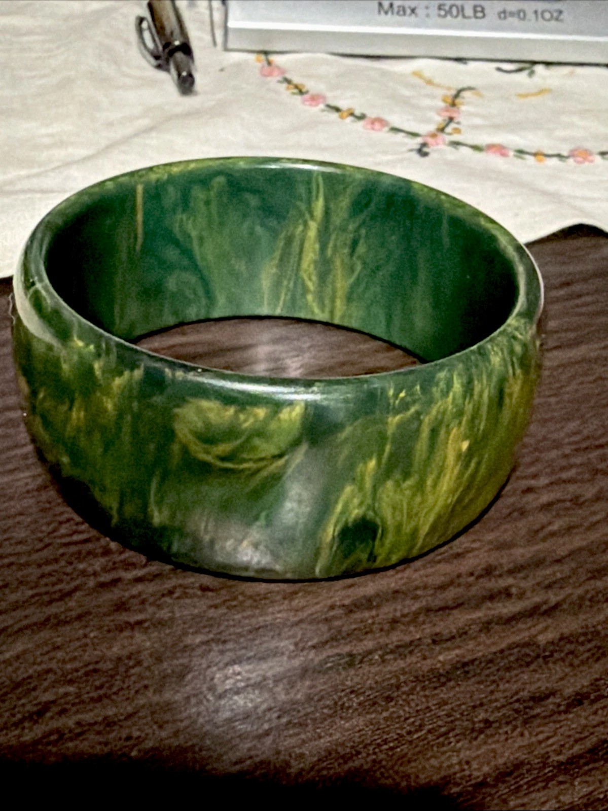 Vintage Blue Moon Wide 44g Bakelite Bangle Blue Green Marbled Bracelet Tested