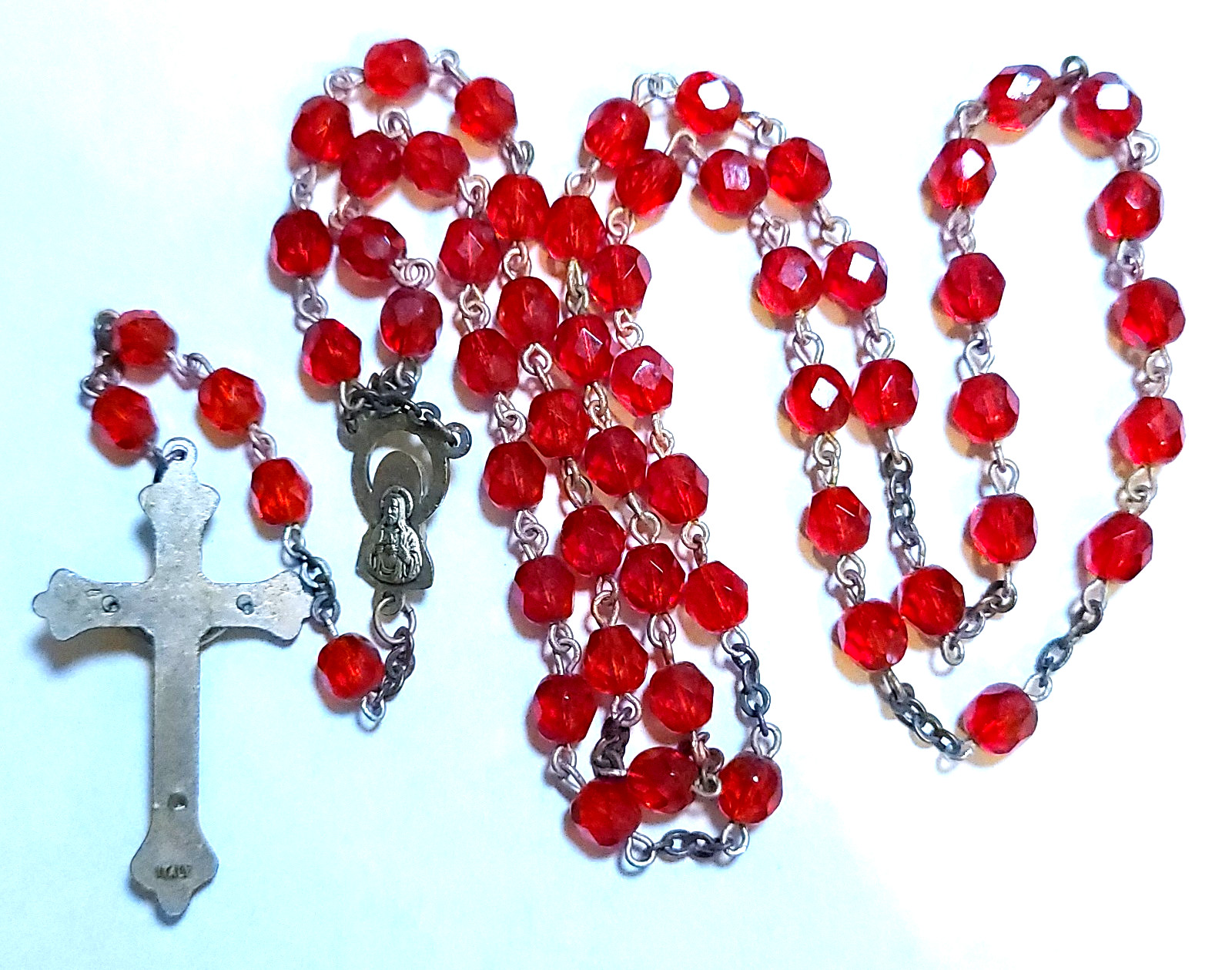 VINTAGE STUNNING RED FACETED GLASS SIGNED ITALY CATHOLIC ROSARY