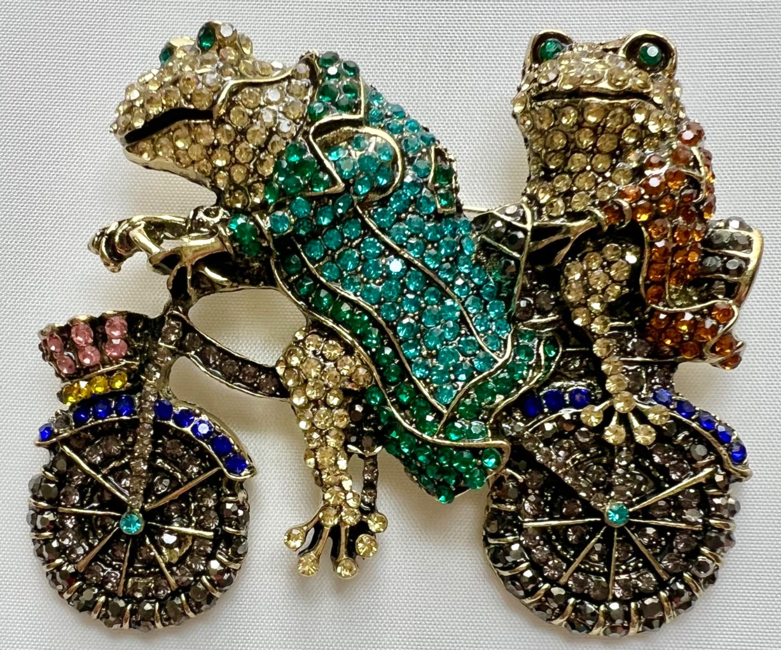 Large Whimsical Frog Pin Rhinestone Toad RIDING bike prince crown vtg Brooch