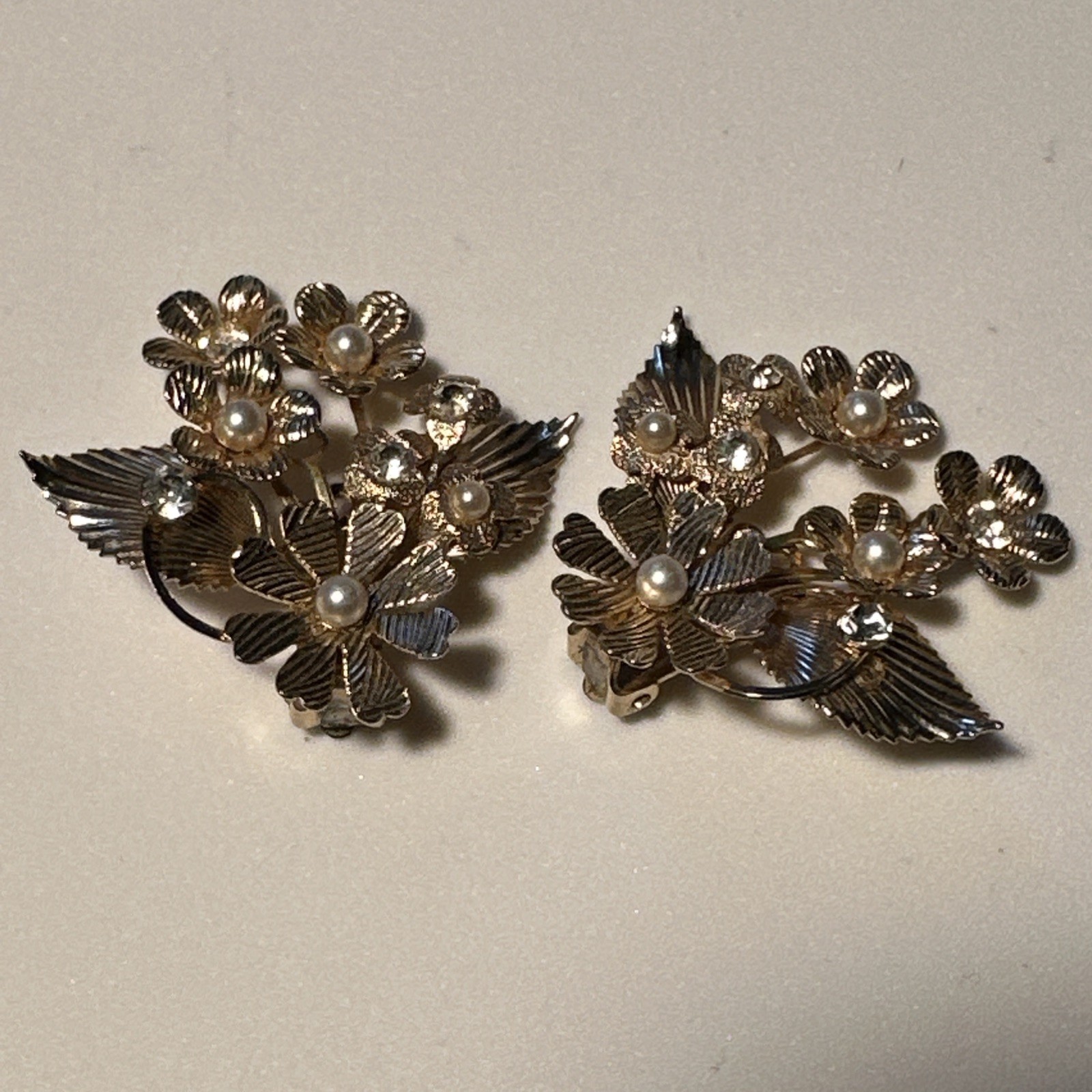 Vintage MCM Coro Clip On Earrings Gold Tone Floral Cluster Faux Pearl Rhinestone