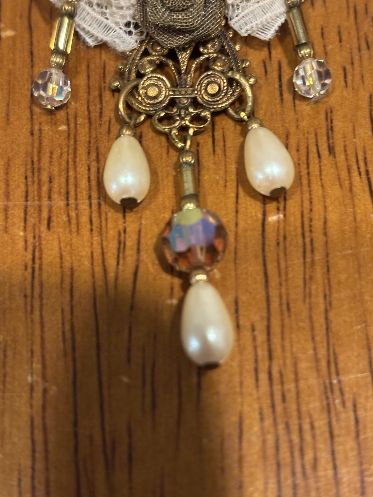 Vintage 3” Gold Brown White Molded Cameo with Beads and Lace Brooch Pin