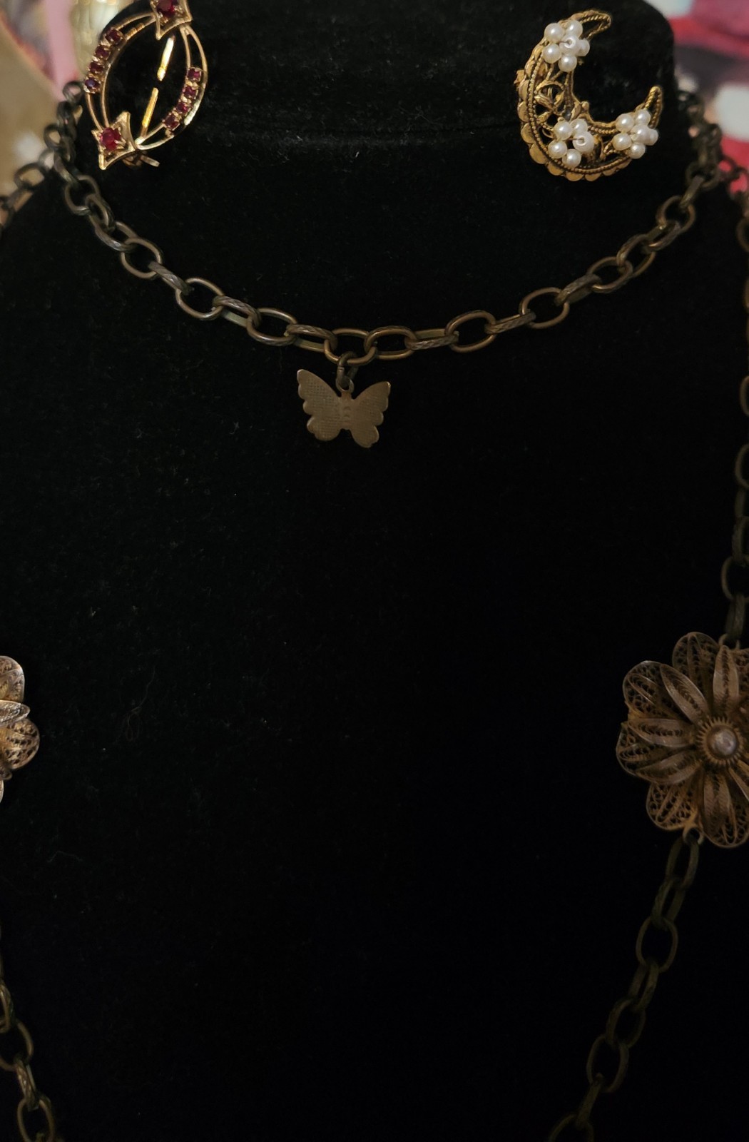 VTG Silver (tested) Filigree Flower Station Charms On Bronze-tone Chain