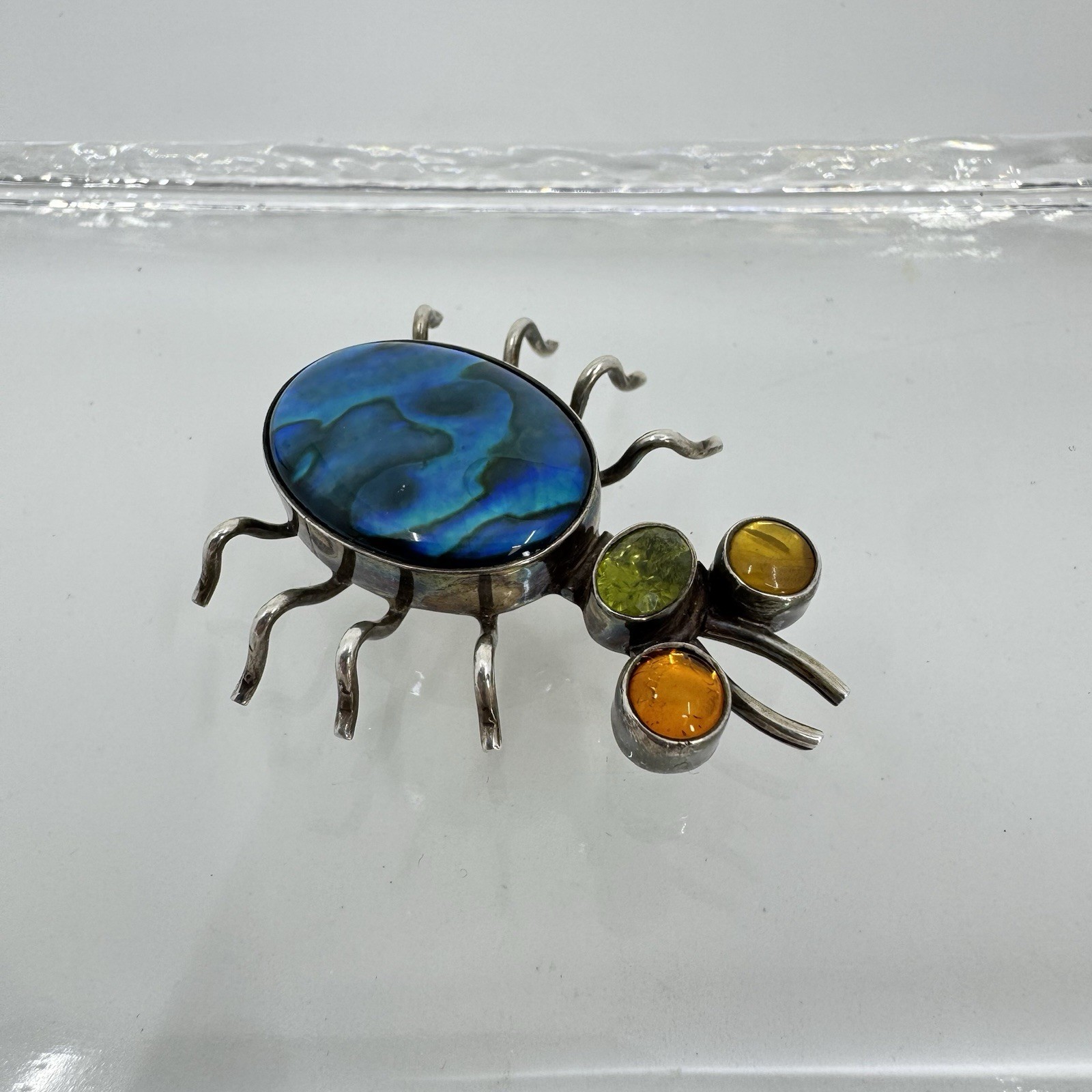 Sterling Silver Multi Stone Paua Abalone Shell Peridot Amber Bug Brooch Pin