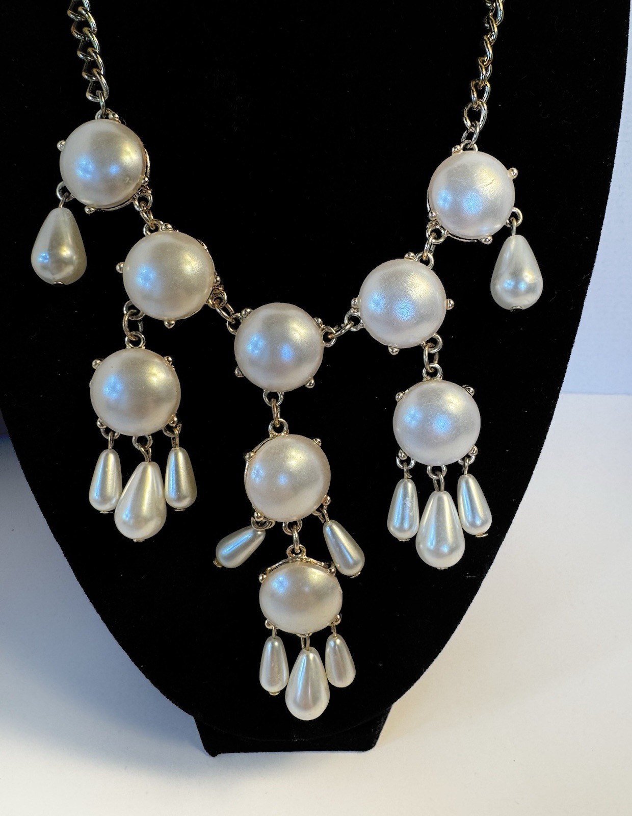 Faux Pearl Cluster Necklace Adjustable Length Ivory and Gold Tone