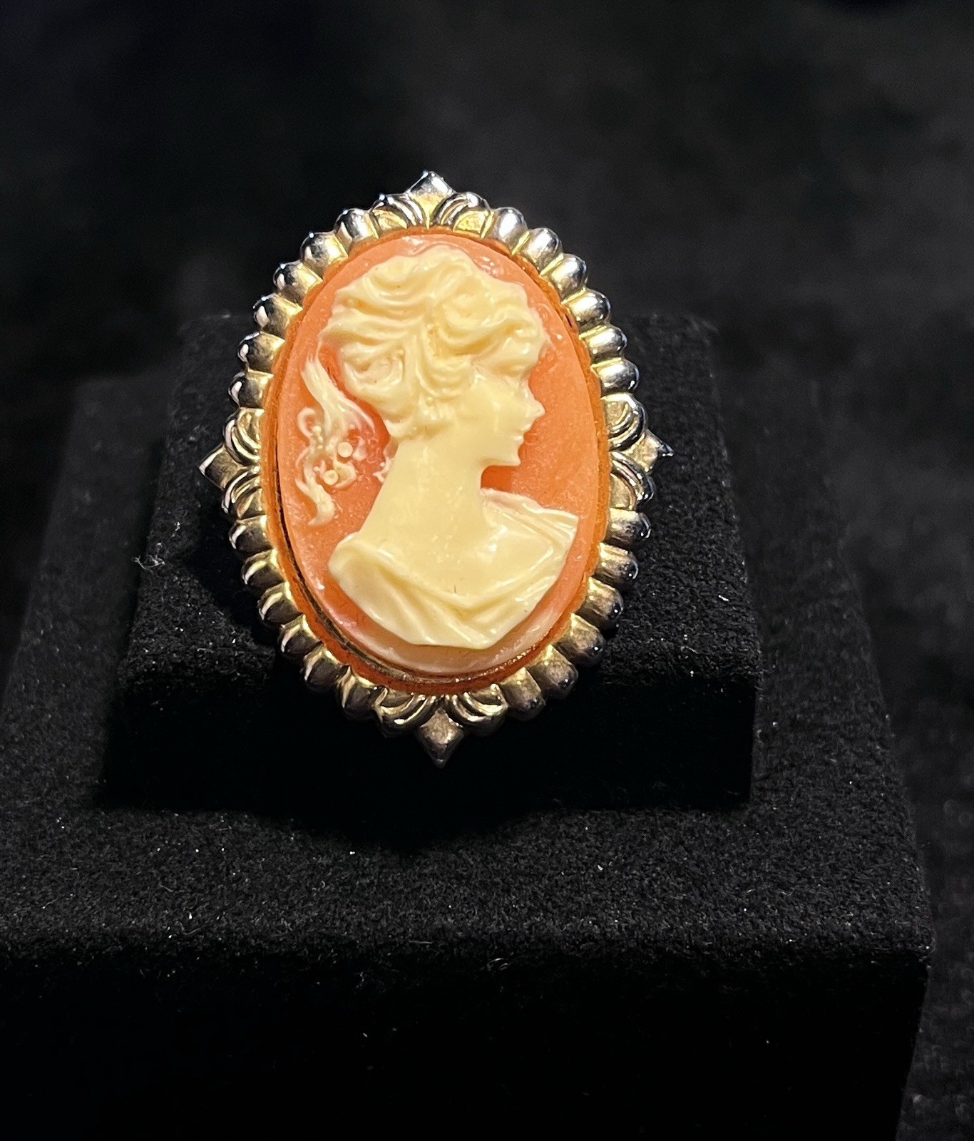 Oval Cameo Brooch Orange Cream Gold Tone Plastic Lady Profile Beauty Theme
