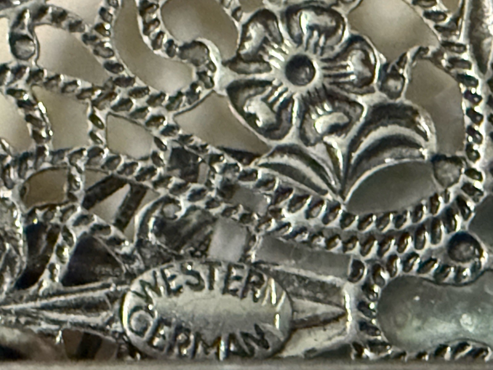 Vintage Filigree Silver-tone Mother of Pearl Leaf Brooch From Western Germany