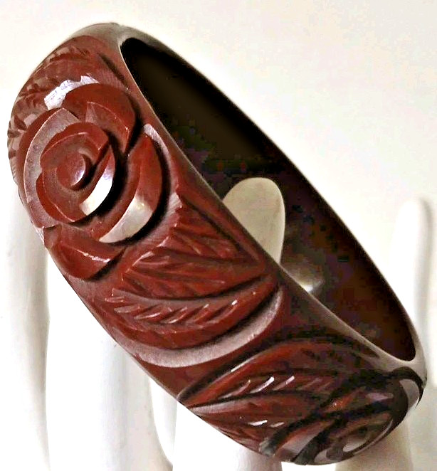 Vtg 1940’s Bakelite Bangle Bracelet Deeply Carved Brown Flower Leaves Tested