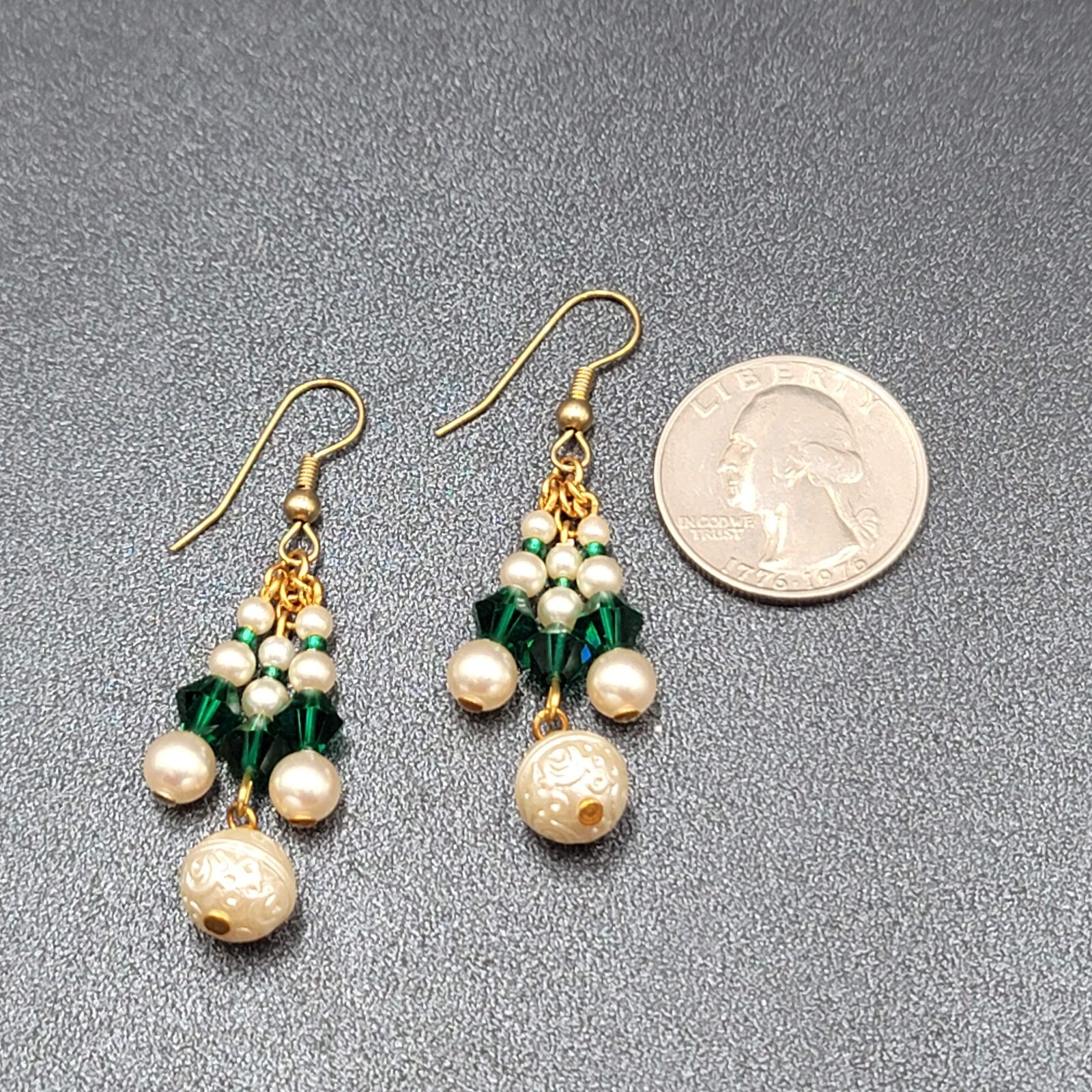 Vintage Pierced Earrings Faux Pearl Green Crystal Beads Dangle 1.5″