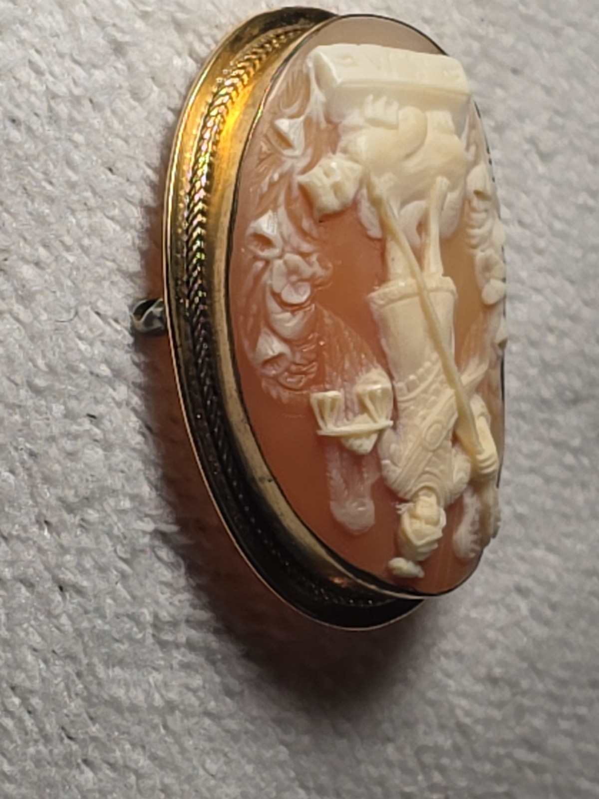 Vintage St. Michael Archangel Cameo Brooch 10k GF Signed S.M. in AMCO Setting