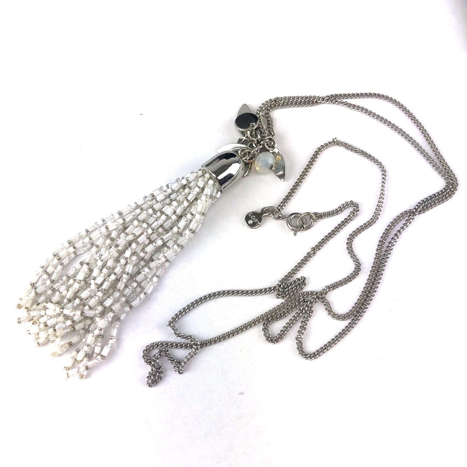 Loft Necklace Silver Tone with White Beaded Tassel
