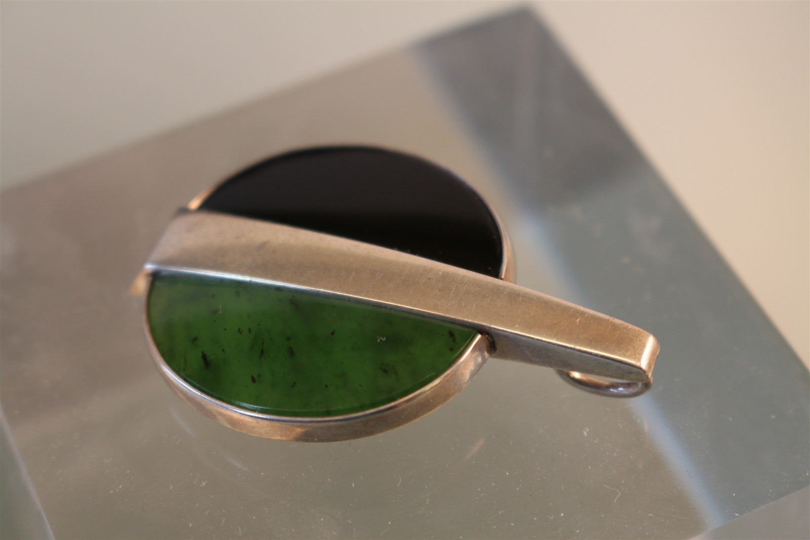 Niels Eric N. E. FROM Sterling Modernist Jade (Nephrite) and Onyx Pendant