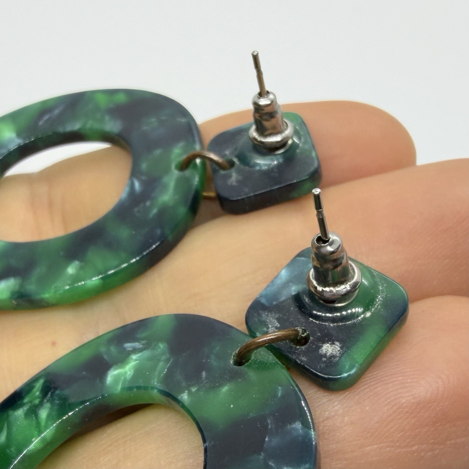 Vtg Big Green Resin Hoop Door Knocker Statement Earrings Post Dangle Drop Large