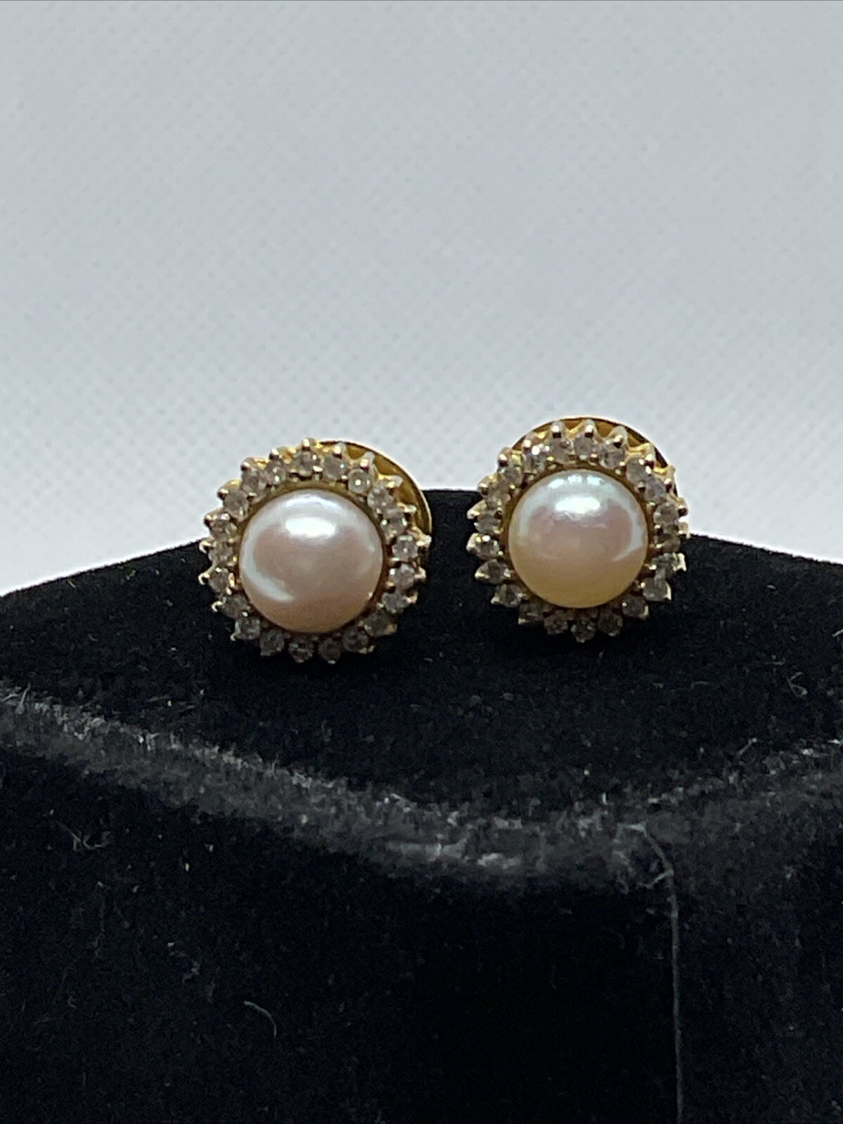 VINTAGE HANDMADE Solid 12K Yellow Gold Pearl & Diamond HALO Style STUD Earrings