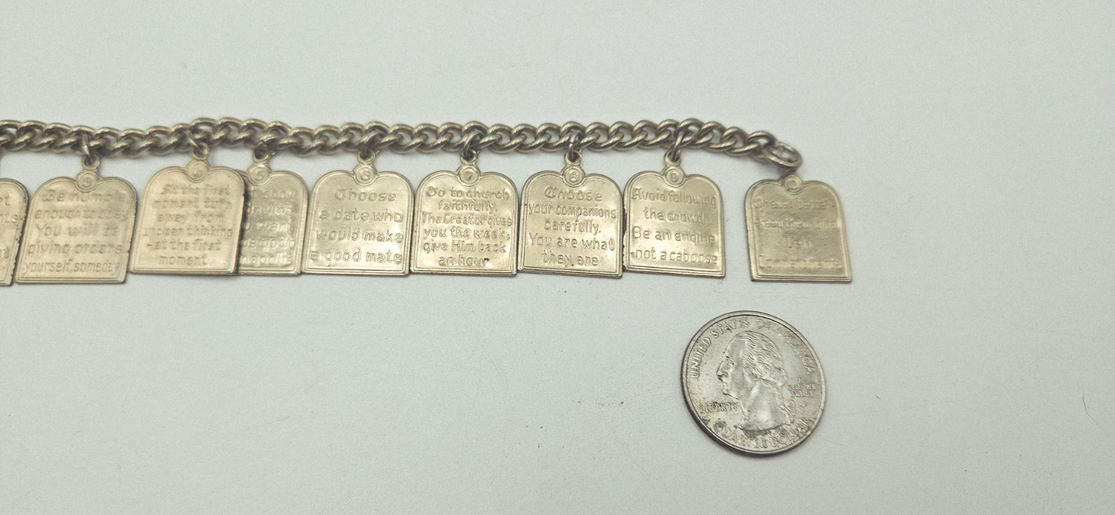 RARE Vintage 10 Teen Commandments Charm Bracelet Silvertone 1950s Paul Anka Song