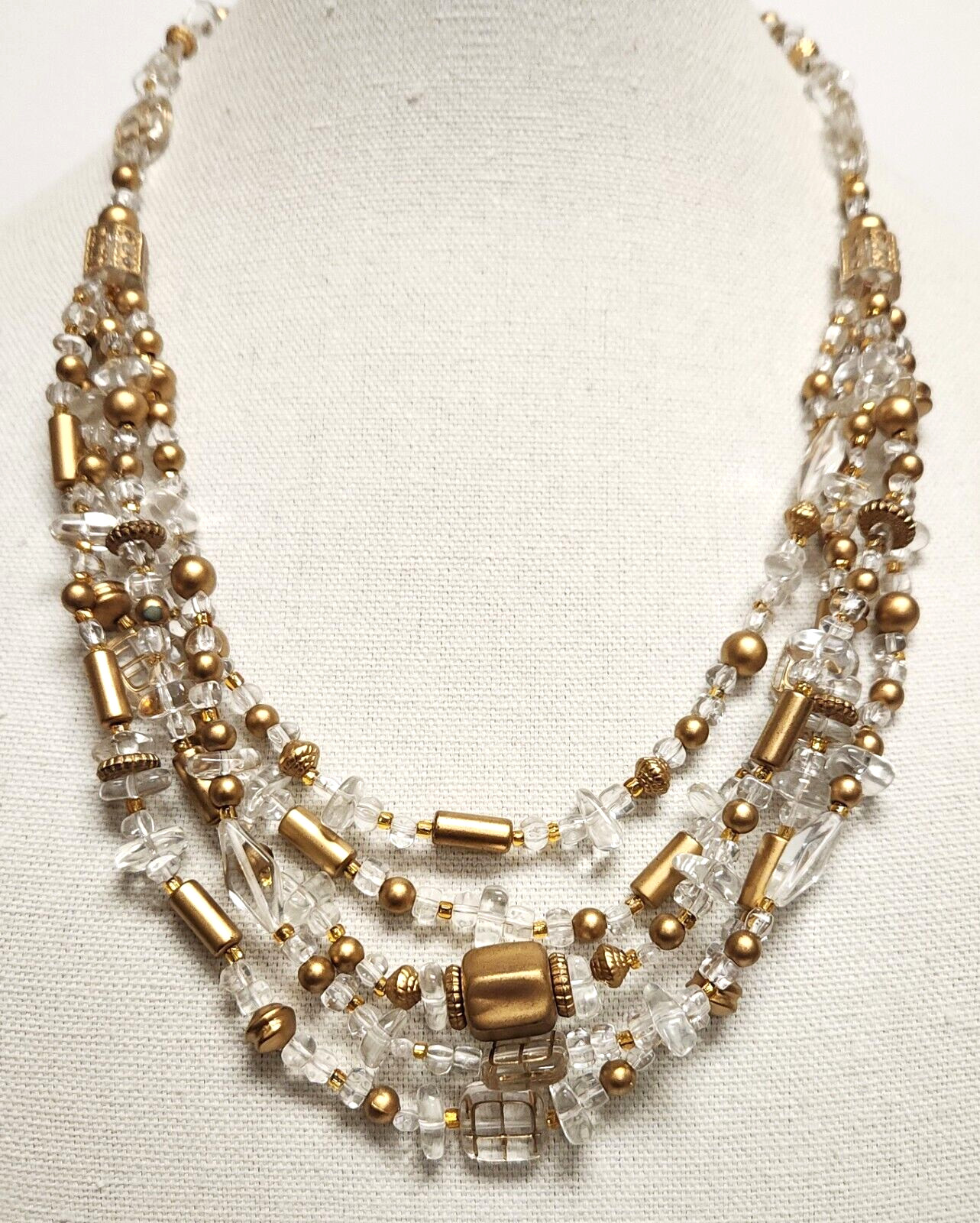 Gorgeous Vintage Clear & Gold Lucite Necklace 23.5″ x 4″ Orig Tag Made in China
