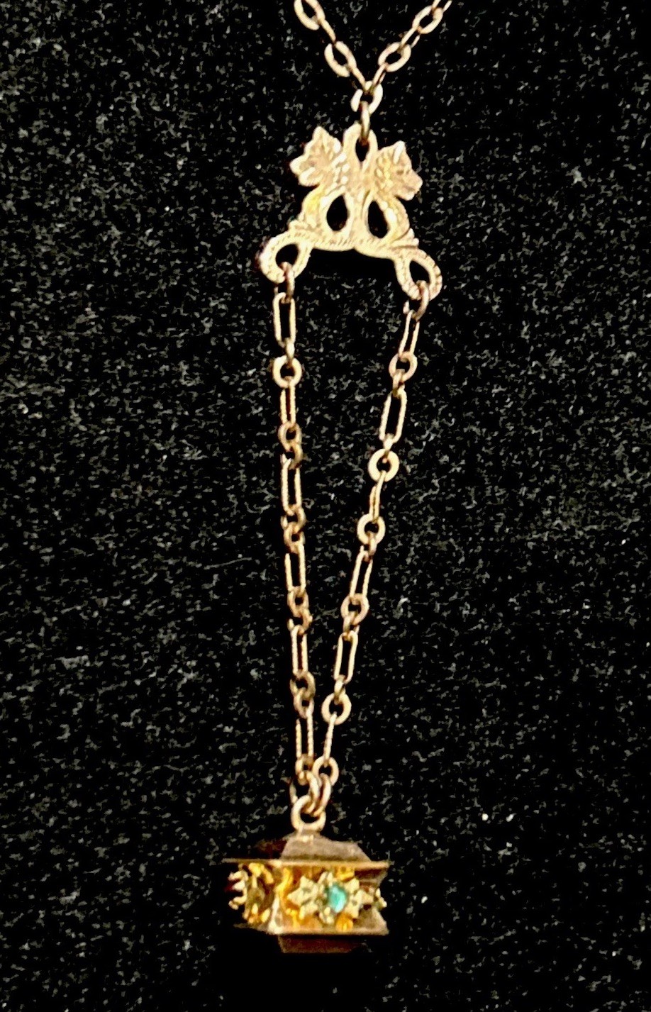 VICTORIAN 9.64g Gold Fill 3” FOB Paste Stones Dog Heads Rose GF 26” Necklace Fob