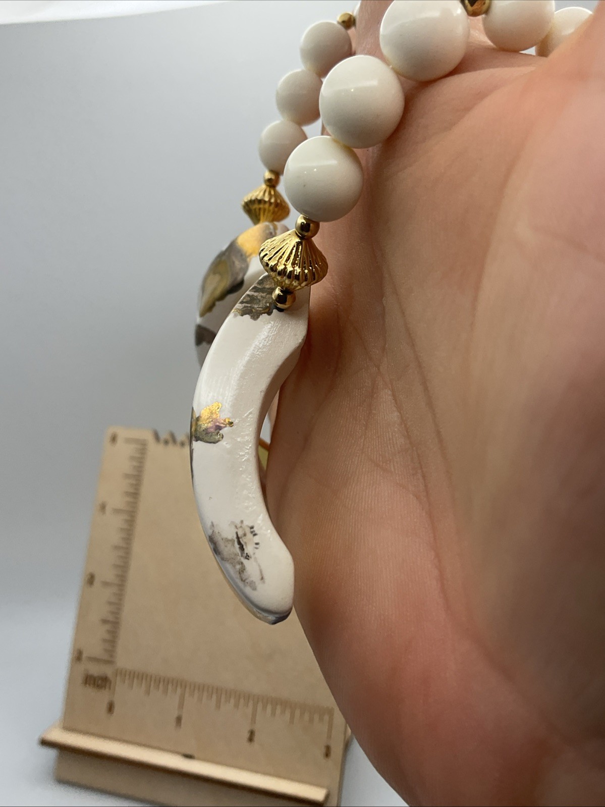 Vintage 60s-80s White & Gold-tone Chunky Bib Necklace/ Earring Set Marked Japan
