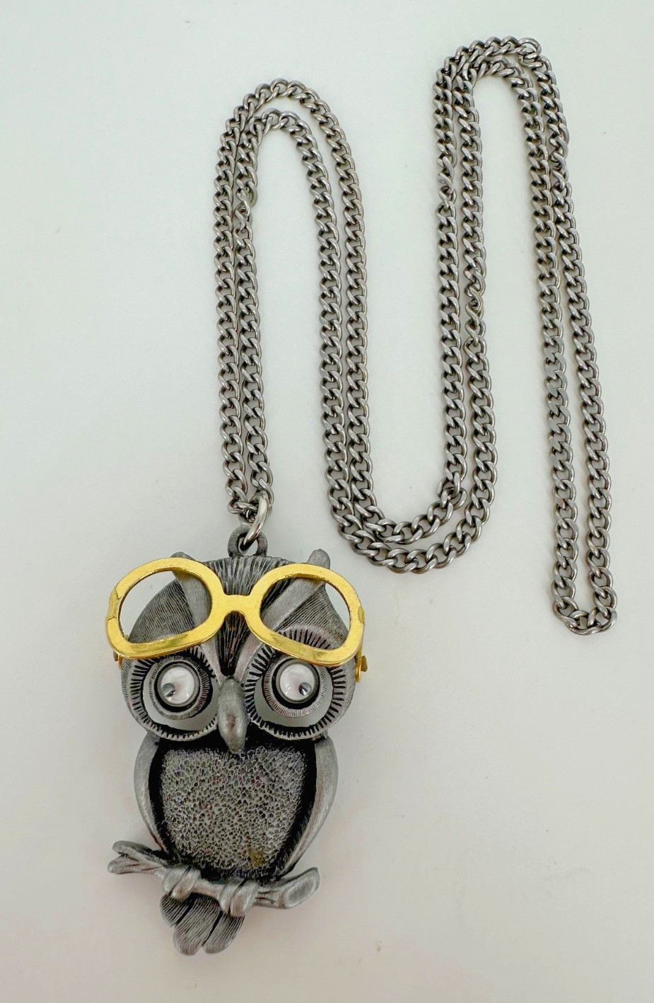 Vintage FAB Pewter Tone Googly Eyed Owl With Movable Eyeglasses Pendant Necklace