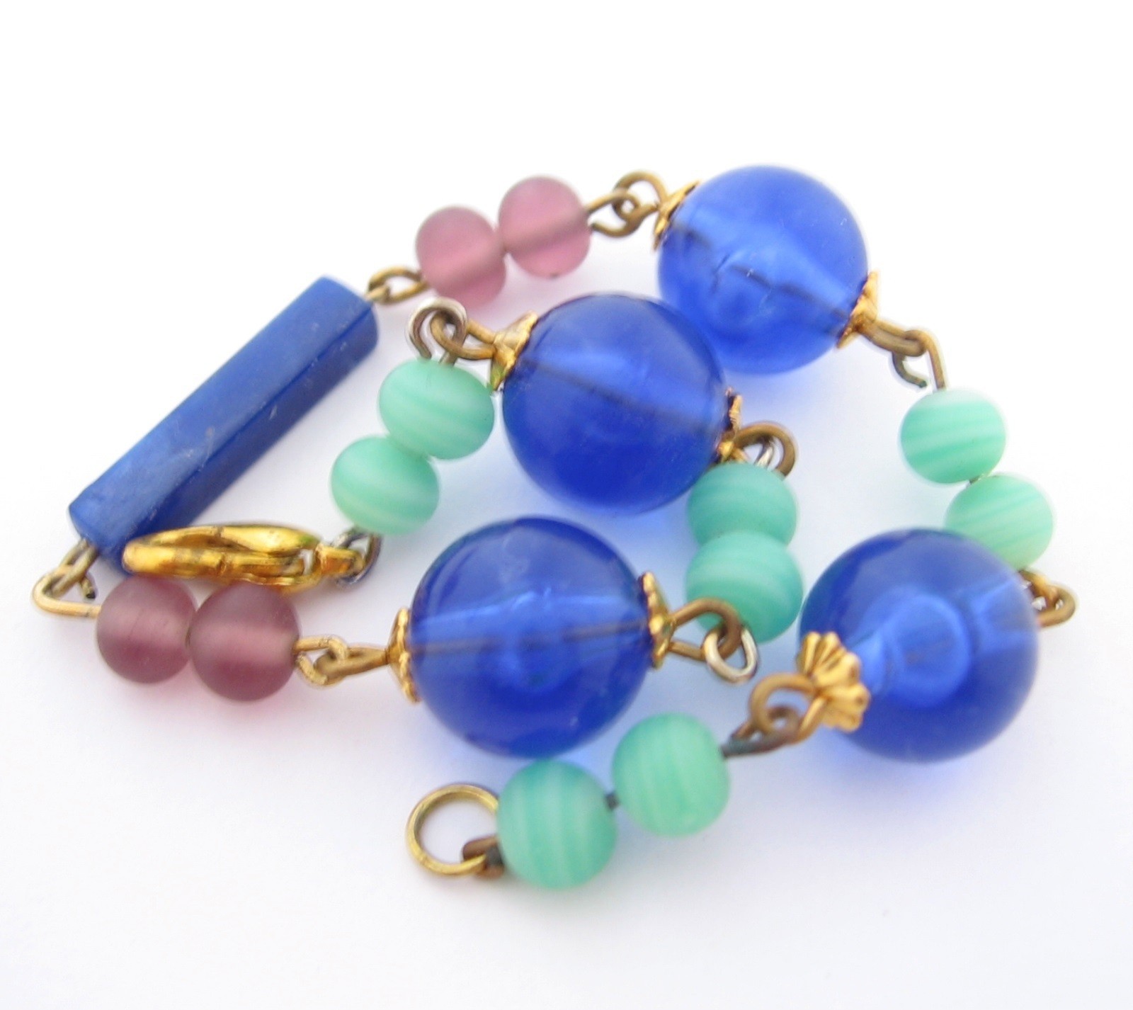 BEAD BRACELET Vtg BLUE and GREEN PURPLE Vintage Goldtone 8″ Length Beaded