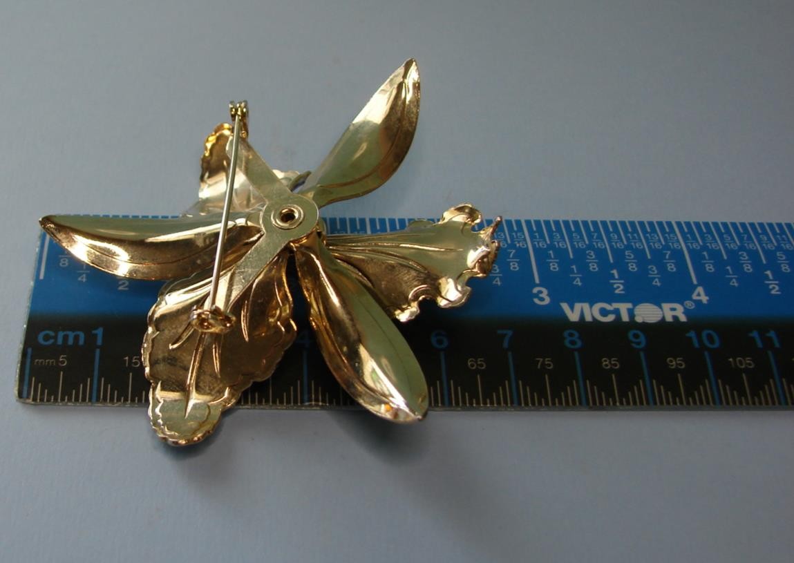 Vintage Gold Tone W White & Purple Enamel Rhinestone Orchid Flower Pin Brooch