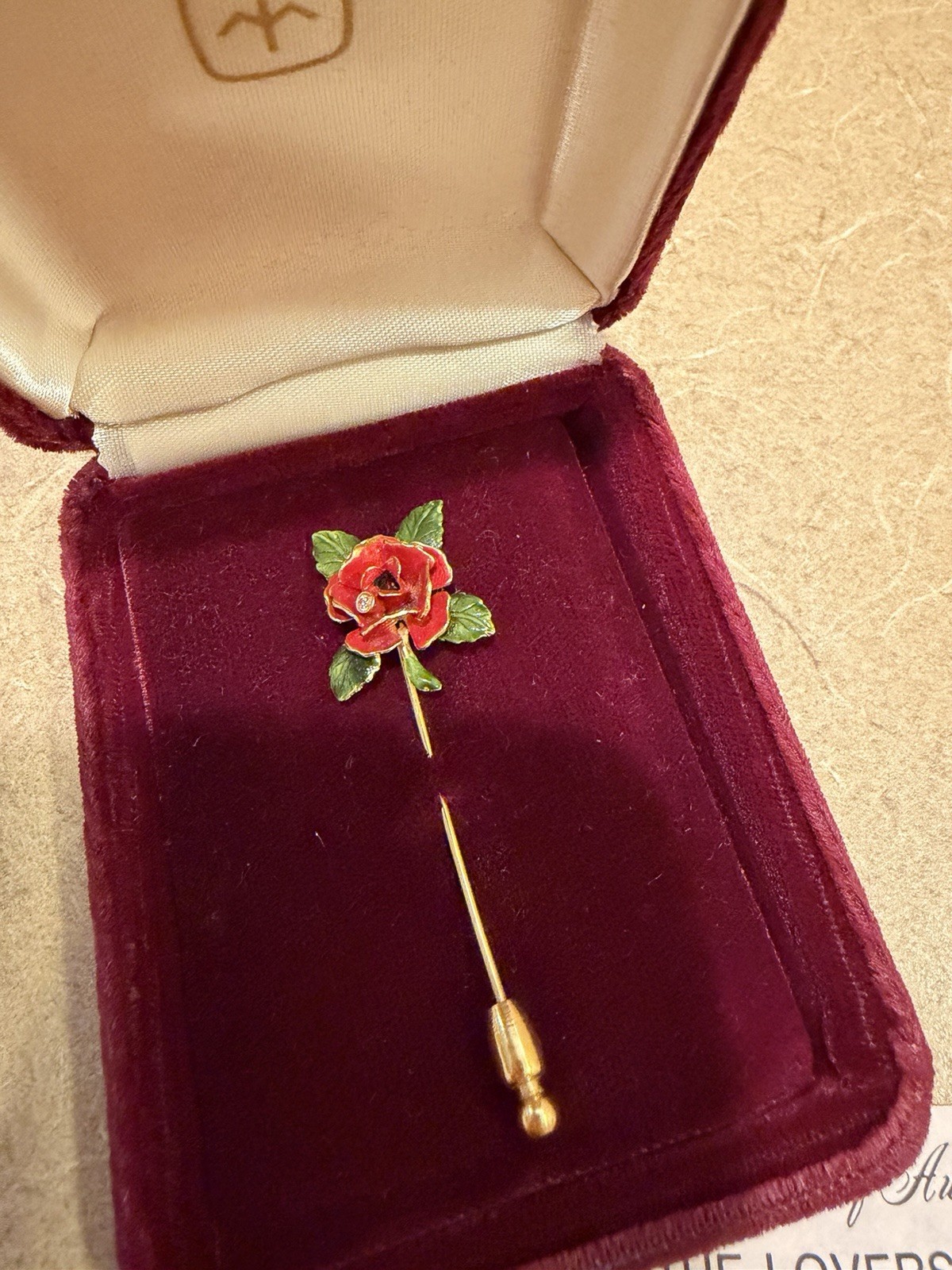 Vintage 1978 Franklin Mint The Lovers Rose Diamond Enamel Gold Vermeil Stick Pin