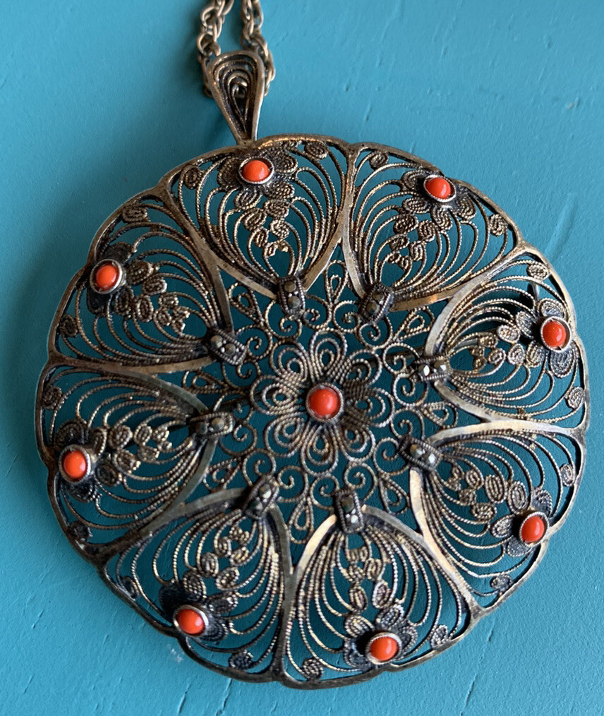 Filigree Coral Marcasite Germany Pendant Brooch Art Deco