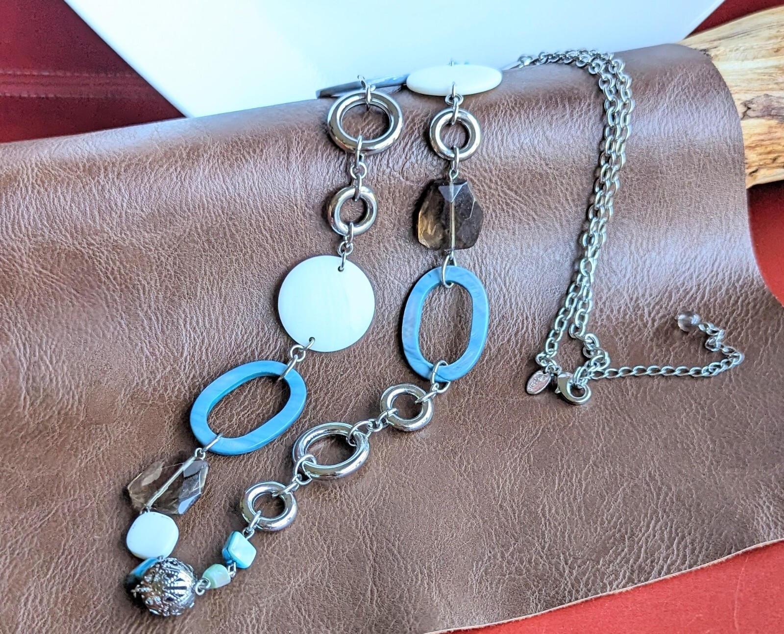 LIA SOPHIA Silver Tone Necklace 36″ + Blue Shell Circle Brown Smokey Glass Beads