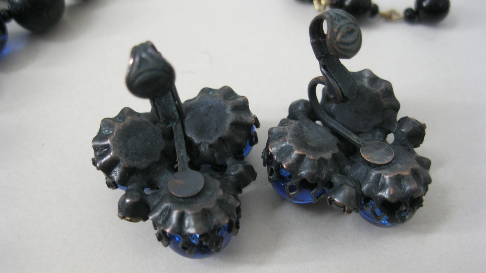 Josef Morton Blue, Black Art Glass Beads 2 Strands Necklace & Clip Earrings Set