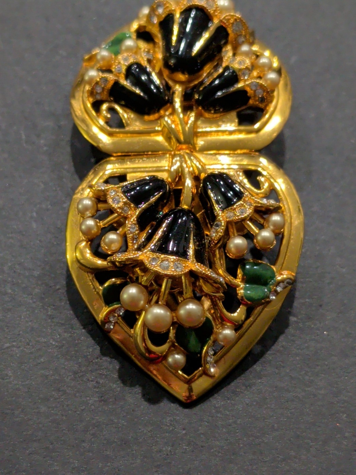 CORO DUETTE Convertible Brooch Gold Tone Black Green Enamel Pearl Crystal Floral