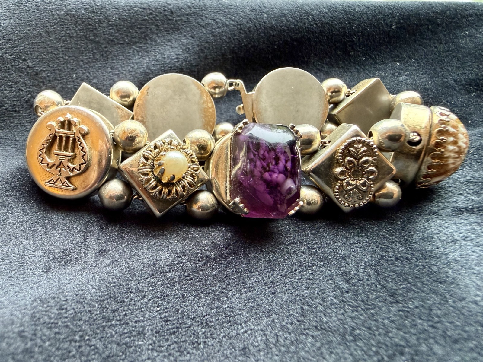 Victorian Revival Slide Bracelet with Gemstone and Shell Charms Vintage 7.5″