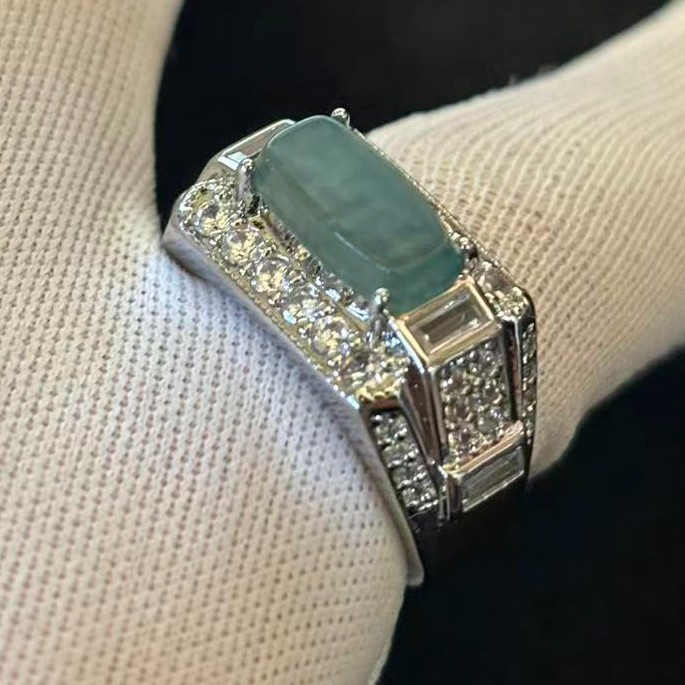 VTG Natural Translucent Green Jade Jadeite Ring Silver-tone, Size 7.5 adjustable