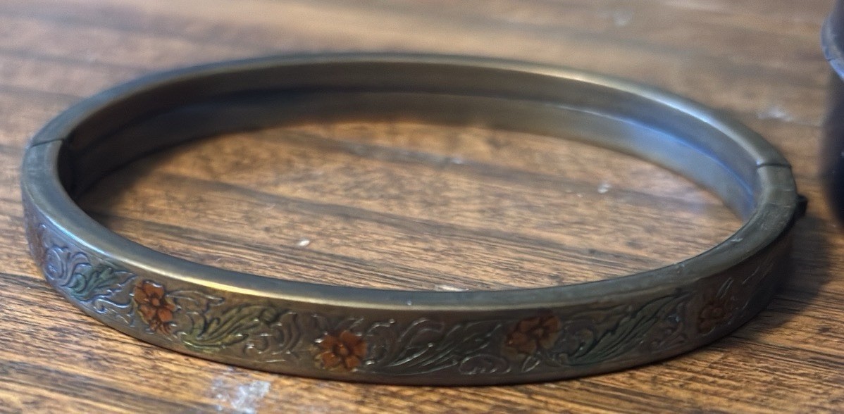 Antique Vintage Circa 1920-1930’s Portrait Tin and Floral Hinged Bangle Bracelet