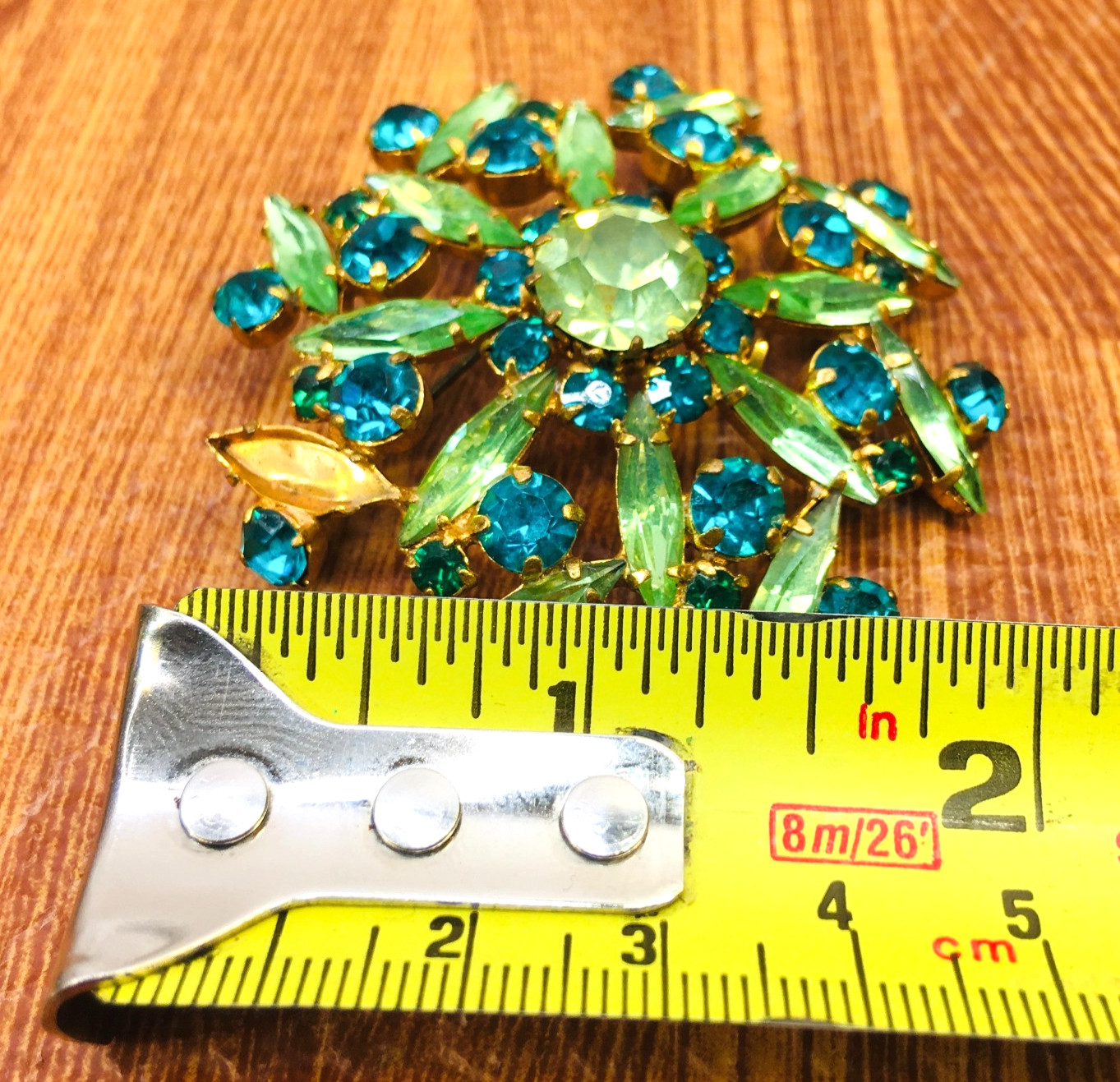 Vtg Austrian Brooch Dome Navette Apple & Dark Green Rhinestone Missing 1 Stone