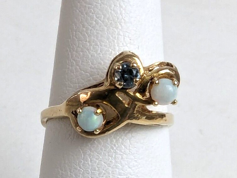 14k Yellow Gold Natural Australian Opals and Aquamarine Ring Size 5.5