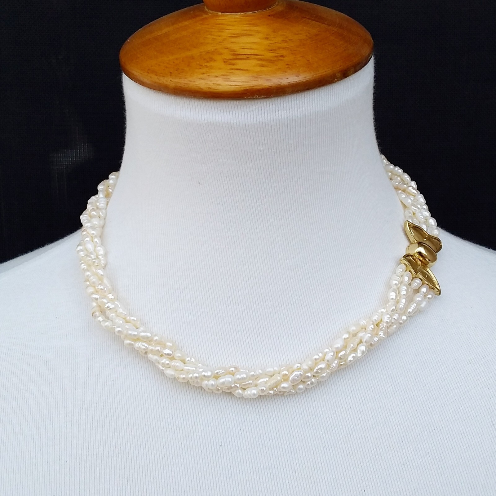 Freshwater Rice Pearls Multi Strand Necklace White Gold Tone Bow Clasp 16.5in