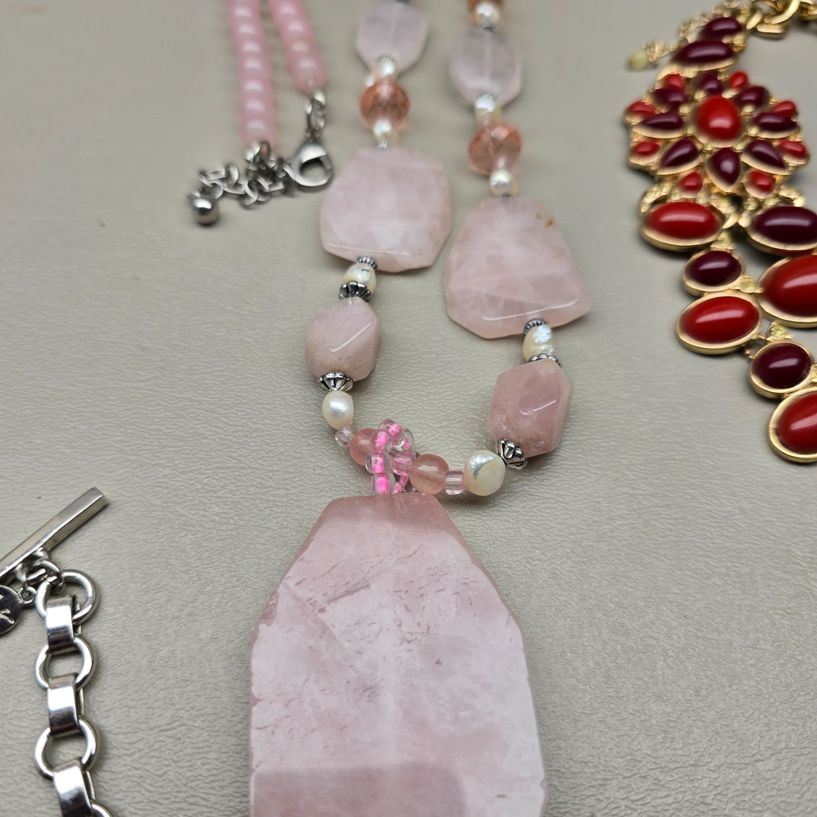 Statement Necklace Lot Pink Stone Red Bib Green Faceted Gold Tone Jewelry