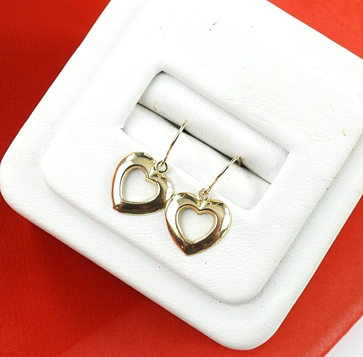 14K Yellow Gold Heart Dangle Drop Earrings Vintage JCM Fine Hook Classic Jewelry