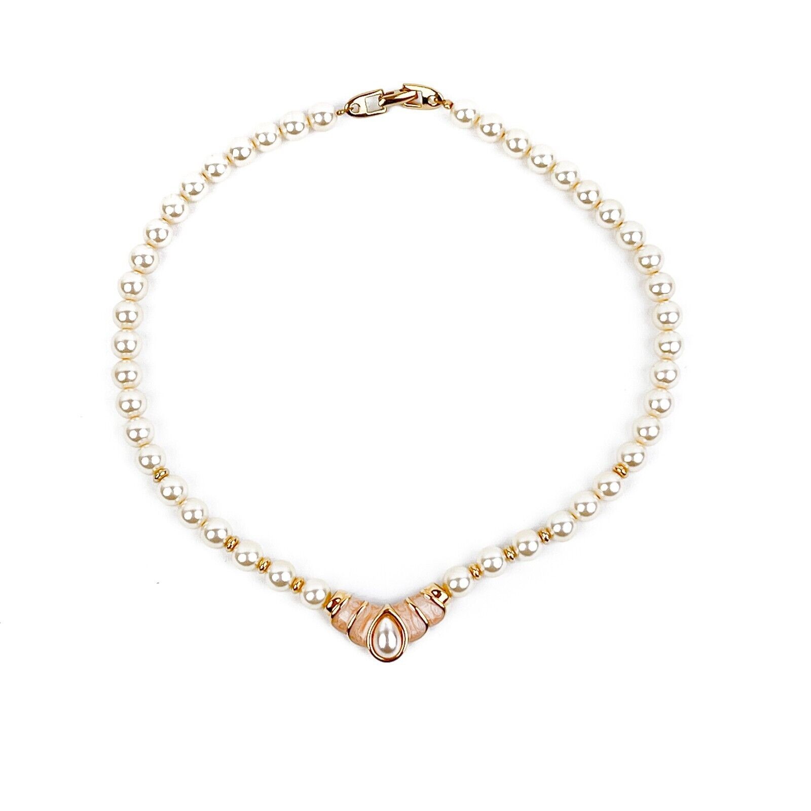Napier Necklace Faux Pearl Light Pink Swirl Enamel Gold Tone Plate Signed Vtg